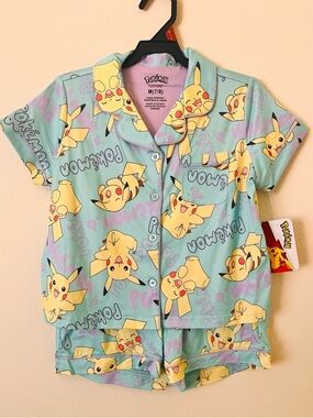 Pikachu Pokémon Kids Pajama Shorts & Top Set - Mint Glitter Buttons Sz M(7-8)